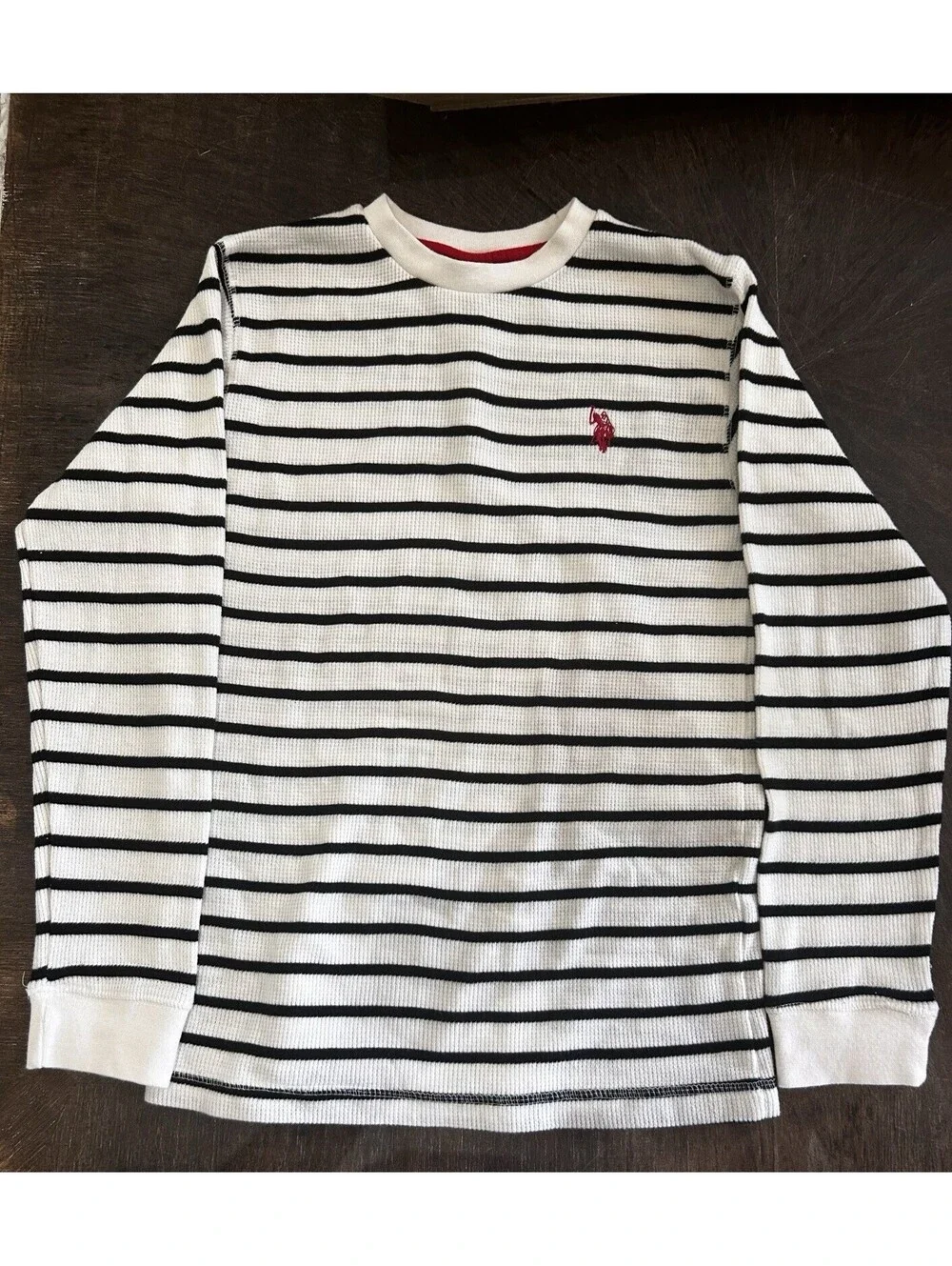 POLO Ralph Lauren Big Boy’s Sz M 10/12 Striped Waffle Knit Tee Shirt Black Cream